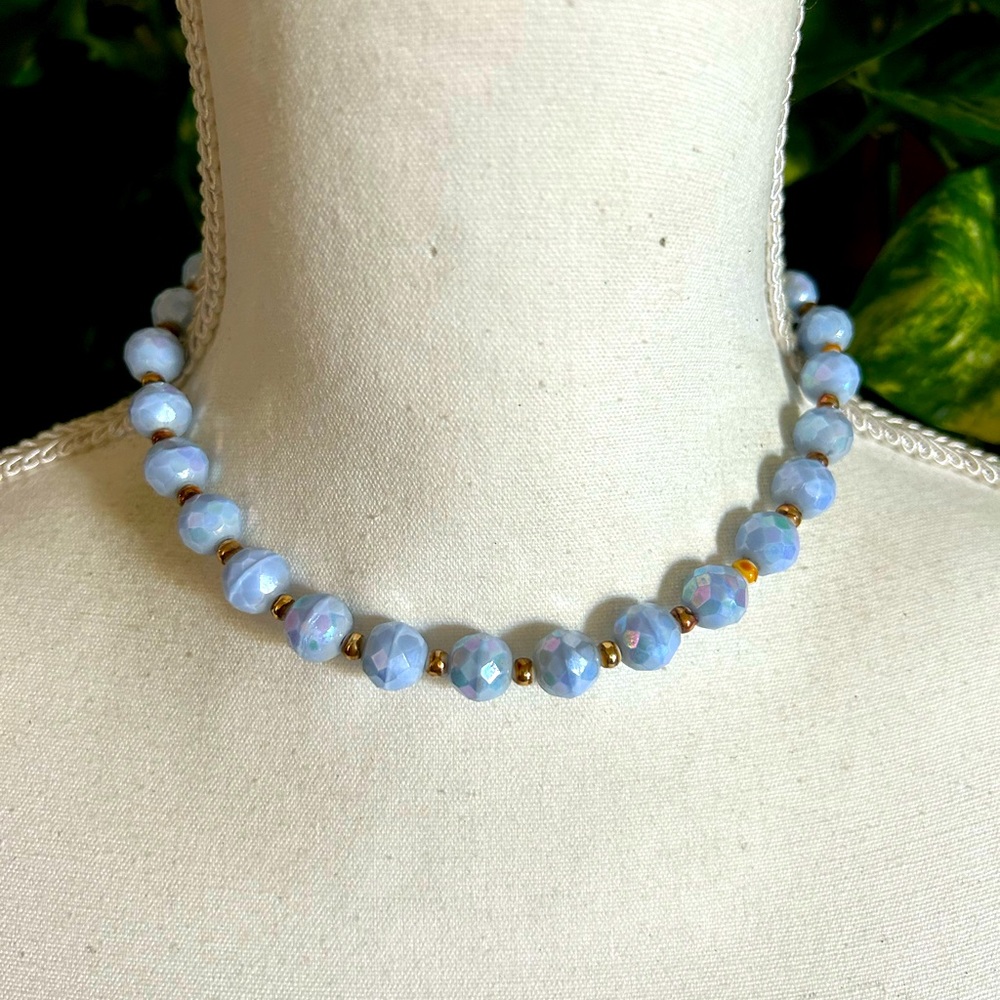 Vintage 50’s Iridescent Blue Faceted Glass Beaded Cocktail Necklace Stunning